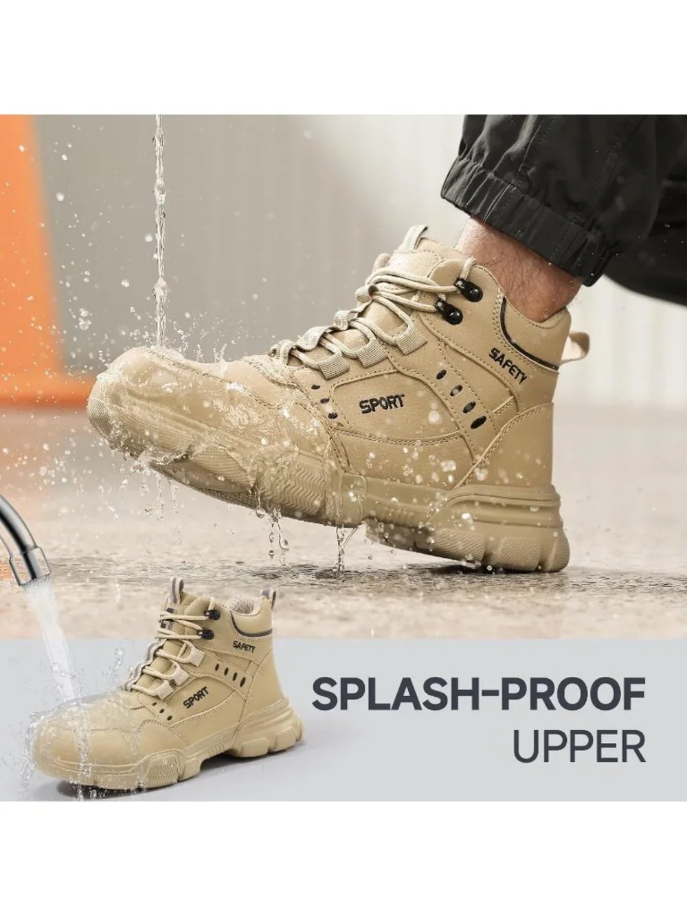 Men's Khaki Splashproof Shoes Casual High Top Steel Toe Non Slip Hiking Boot